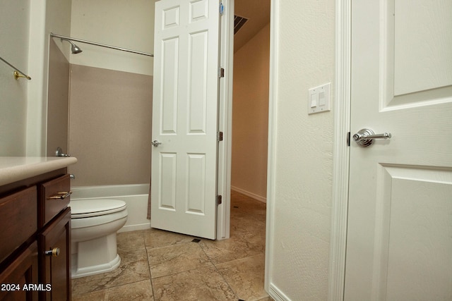 full bathroom with toilet, shower / tub combination, vanity, and tile patterned flooring