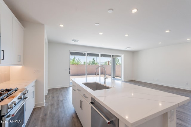 11857 N Luckenbach St, Surprise, AZ 85388 - kitchen with a sink, appliances with stainless steel finishes, light wood finished floors, light stone countertops, and recessed lighting