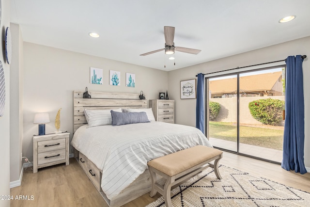 bedroom with light hardwood / wood-style flooring, ceiling fan, and access to exterior