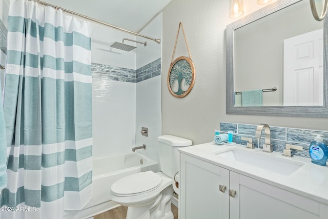 full bathroom featuring shower / bathtub combination with curtain, toilet, tasteful backsplash, vanity, and hardwood / wood-style flooring