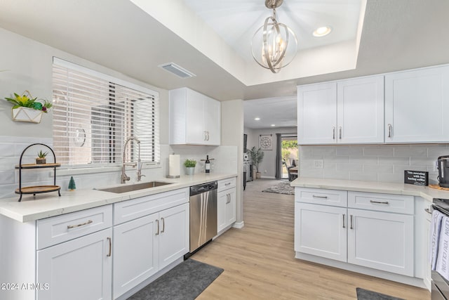 kitchen with backsplash, sink, white cabinets, and stainless steel dishwasher