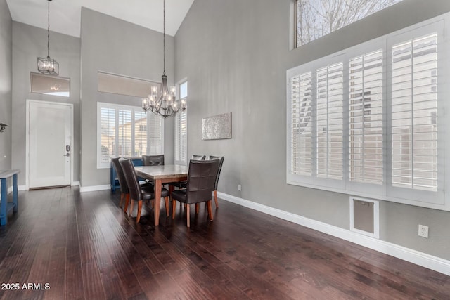 dining room with an inviting chandelier, dark hardwood / wood-style floors, and high vaulted ceiling