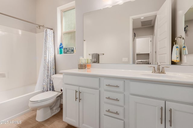 bathroom with toilet, visible vents, shower / bathtub combination with curtain, and vanity