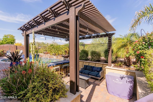 view of patio featuring an outdoor living space, a fenced backyard, a pergola, and a pool