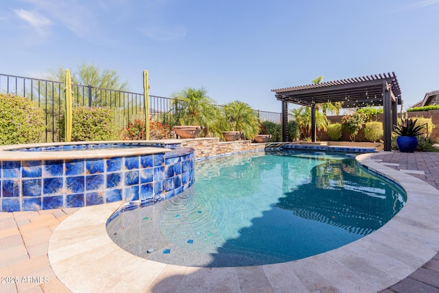 outdoor pool featuring a fenced backyard, an in ground hot tub, and a pergola