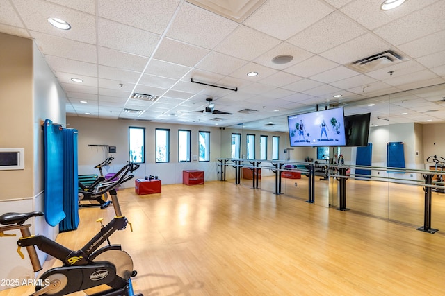 gym with hardwood / wood-style floors, a drop ceiling, and ceiling fan