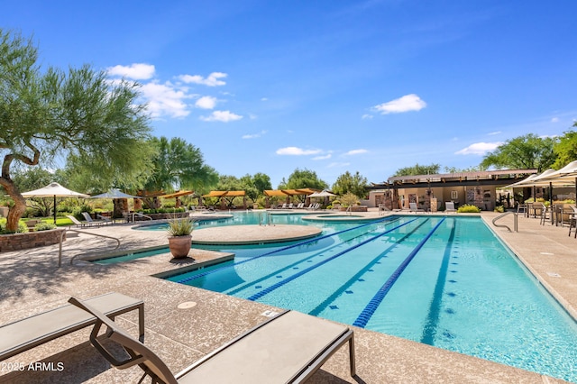 view of swimming pool featuring a patio area