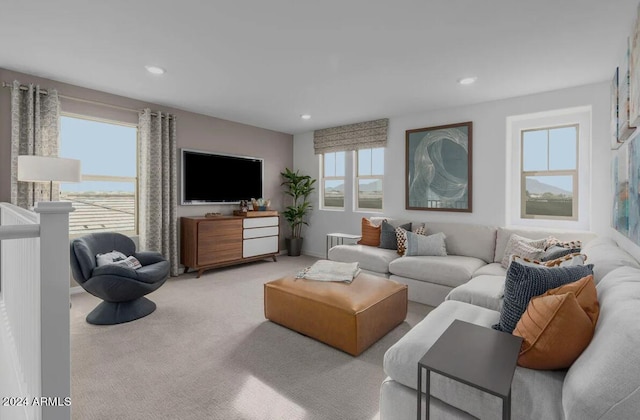 living room with light carpet and a wealth of natural light