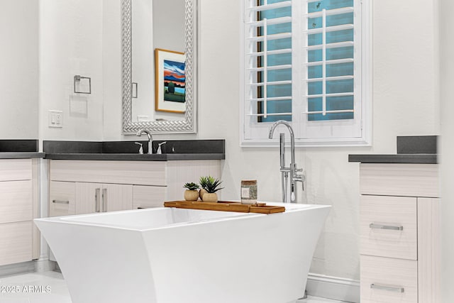 bathroom with vanity and a tub