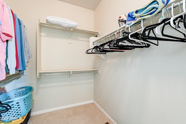 walk in closet with light carpet