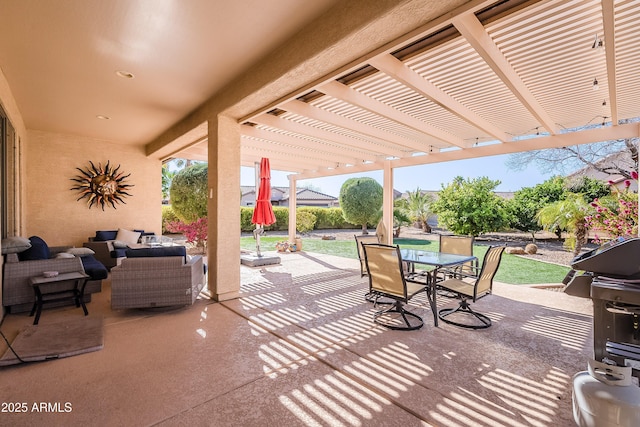 view of patio featuring an outdoor living space, area for grilling, and a pergola