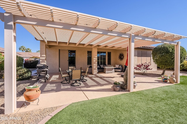 view of patio with outdoor lounge area, area for grilling, and a pergola