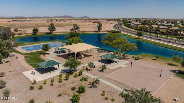 bird's eye view with a water view