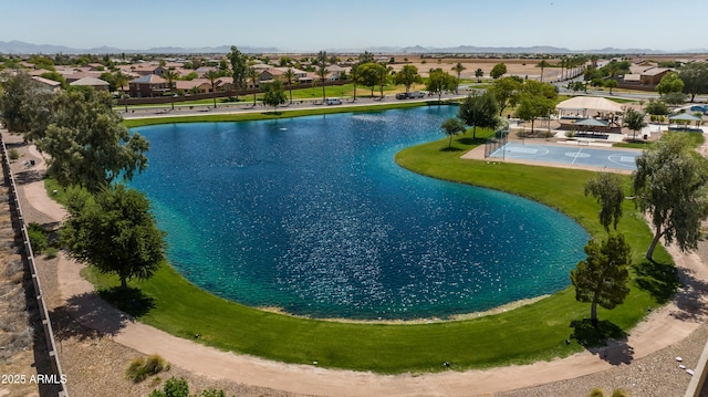 bird's eye view with a water and mountain view