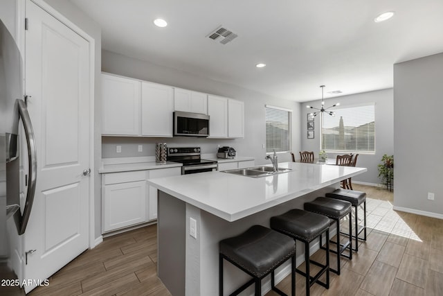 kitchen featuring sink, white cabinetry, stainless steel appliances, and a kitchen island with sink