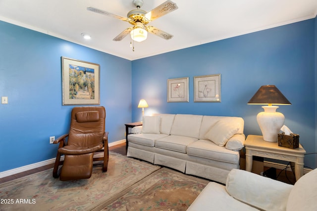 living room with ceiling fan and wood-type flooring