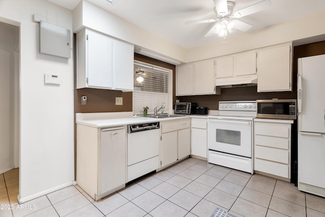 kitchen featuring white cabinetry, sink, white appliances, ceiling fan, and light tile patterned floors