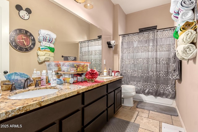 full bathroom with shower / bath combo, vanity, and toilet