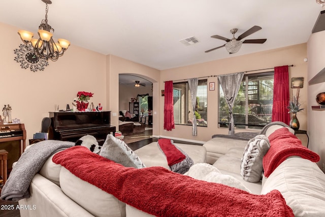 living room featuring an inviting chandelier