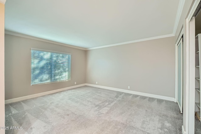 spare room featuring light carpet and crown molding