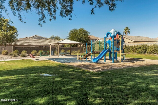 view of jungle gym with a gazebo and a yard