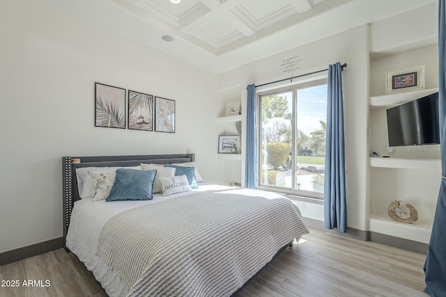 4915 N Greentree Dr, Litchfield Park, AZ 85340 - bedroom with hardwood / wood-style flooring, ornamental molding, coffered ceiling, and beamed ceiling