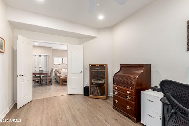 office area featuring ceiling fan and light hardwood / wood-style flooring