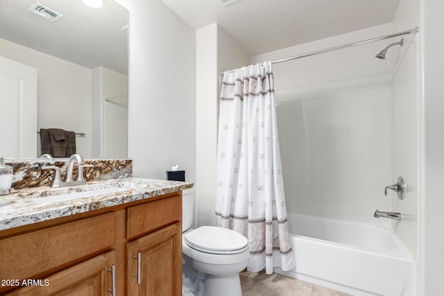 full bathroom with vanity, shower / tub combo, tile patterned floors, and toilet