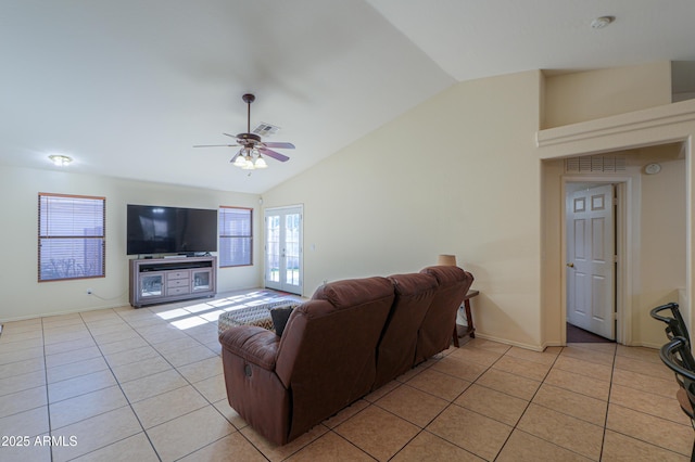 tiled living room with vaulted ceiling and ceiling fan