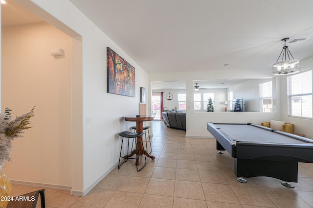 recreation room featuring ceiling fan, light tile patterned floors, and pool table