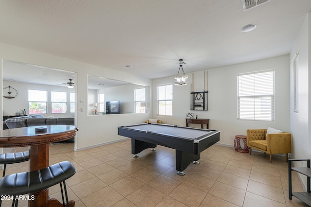 recreation room featuring light tile patterned flooring, plenty of natural light, and billiards