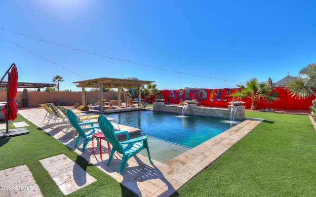 view of swimming pool featuring a pergola, a patio area, pool water feature, and a yard