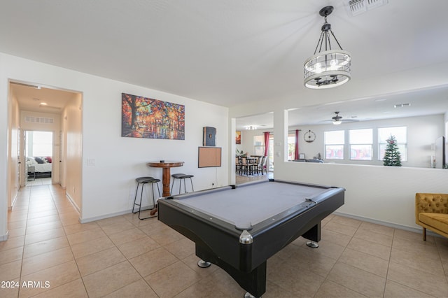 rec room with light tile patterned flooring, ceiling fan, and pool table