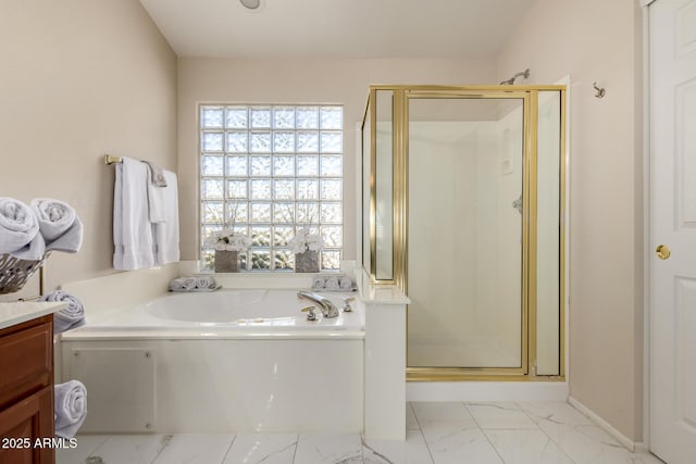 full bath featuring a stall shower, marble finish floor, vanity, and a bath