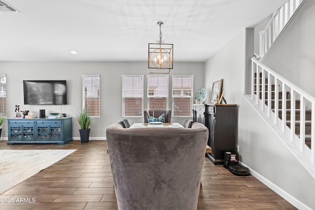 974 W Zion Way, Chandler, AZ 85248 - living area with a chandelier, wood finish floors, stairway, baseboards, and recessed lighting