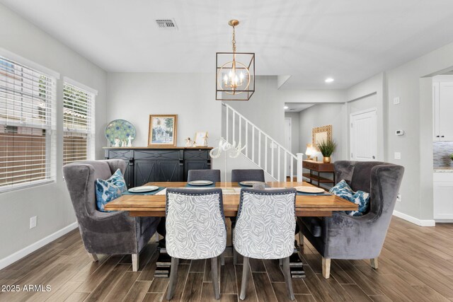 974 W Zion Way, Chandler, AZ 85248 - dining room with stairs, a chandelier, wood finished floors, baseboards, and recessed lighting