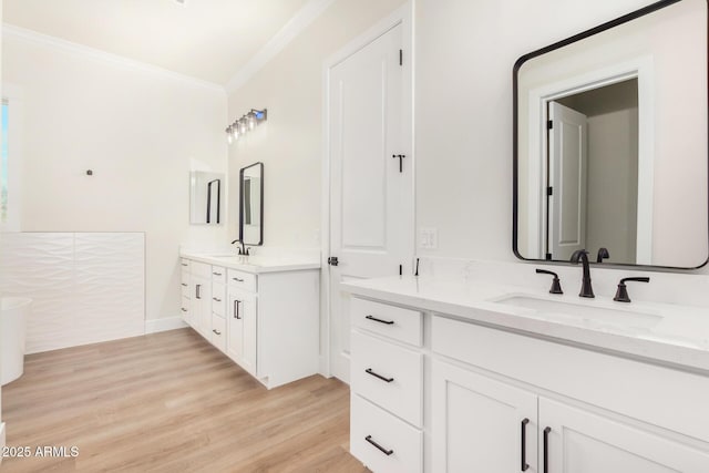 bathroom with vanity, crown molding, and wood-type flooring