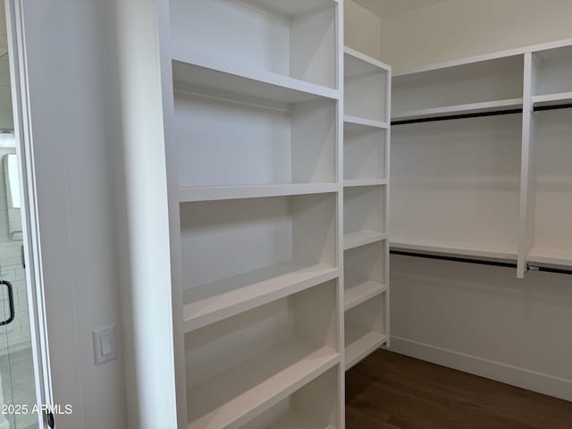 walk in closet featuring dark wood-type flooring