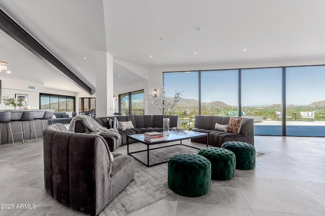 living room featuring expansive windows and a mountain view