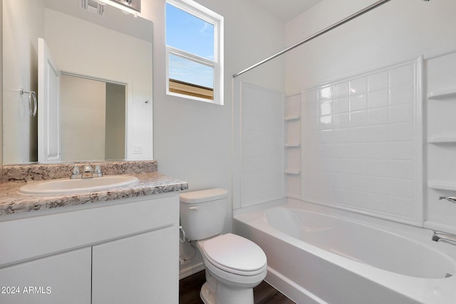 full bathroom with toilet, vanity, wood-type flooring, and shower / washtub combination