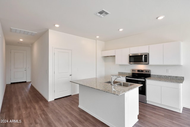 kitchen with white cabinetry, dark hardwood / wood-style flooring, stainless steel appliances, sink, and a kitchen island with sink