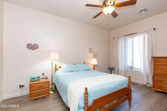 bedroom with ceiling fan and wood-type flooring