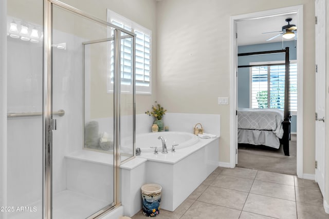 ensuite bathroom featuring a ceiling fan, a stall shower, ensuite bathroom, tile patterned floors, and a bath