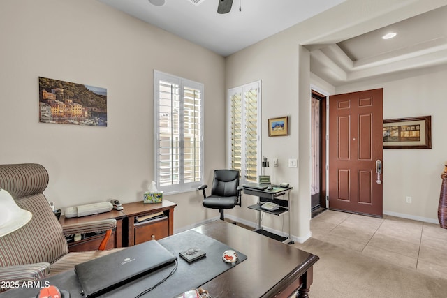 office with tile patterned floors, recessed lighting, baseboards, and a ceiling fan