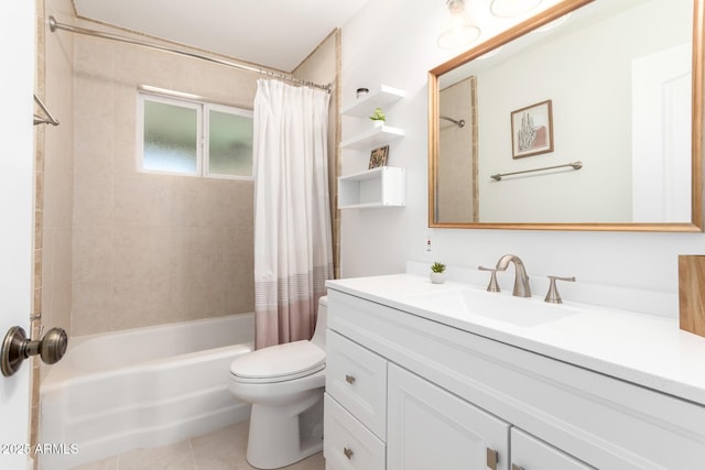full bath featuring shower / bath combination with curtain, toilet, vanity, and tile patterned flooring