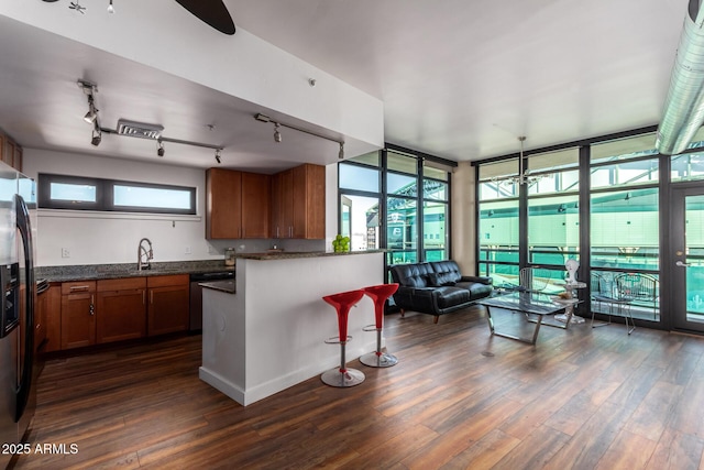 kitchen with sink, dark hardwood / wood-style flooring, a breakfast bar area, stainless steel appliances, and dark stone counters