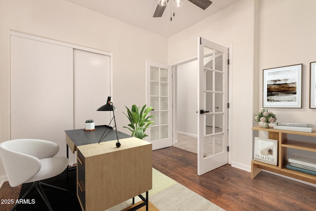 office with ceiling fan, dark wood-style flooring, and french doors