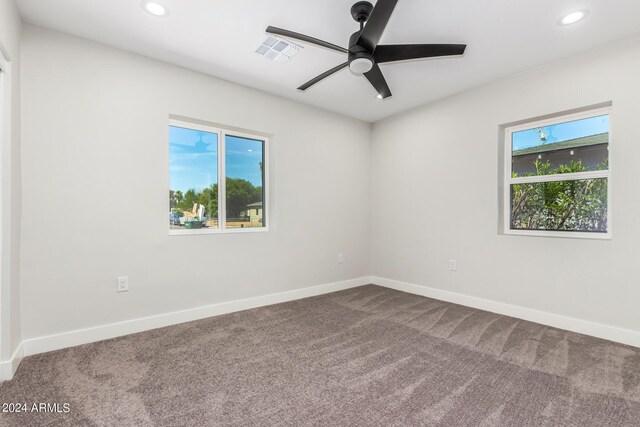 unfurnished room with plenty of natural light, ceiling fan, and carpet