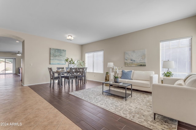 living room with ceiling fan and a wealth of natural light