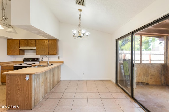 kitchen featuring kitchen peninsula, white range with electric stovetop, sink, hanging light fixtures, and lofted ceiling